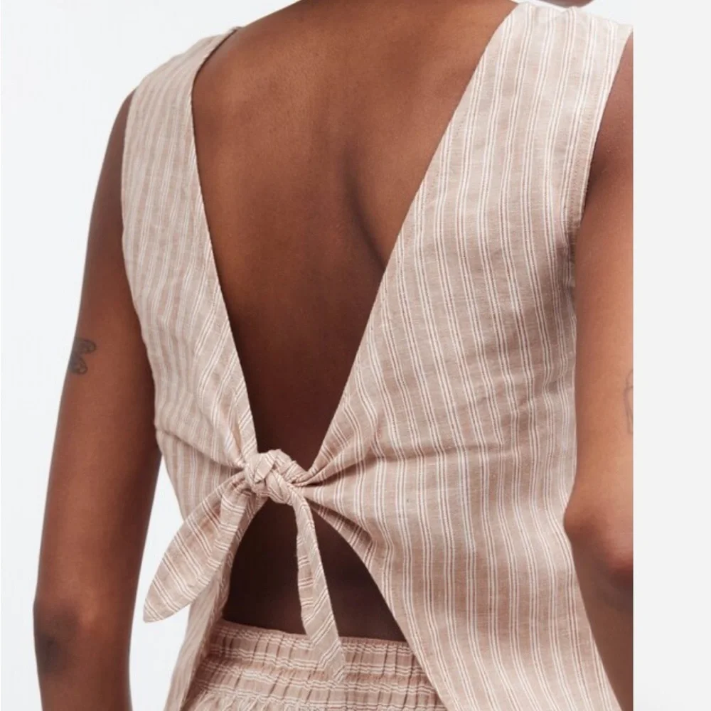 Madewell Tie-Back Scoopneck Top in 100% Linen brown stripped - Picture 3 of 10